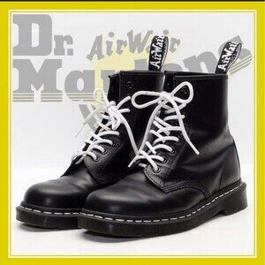 Dr. Martens 24758 Black‎ Leather 8-Eye Combat Boots Women’s Size 6 White Laces